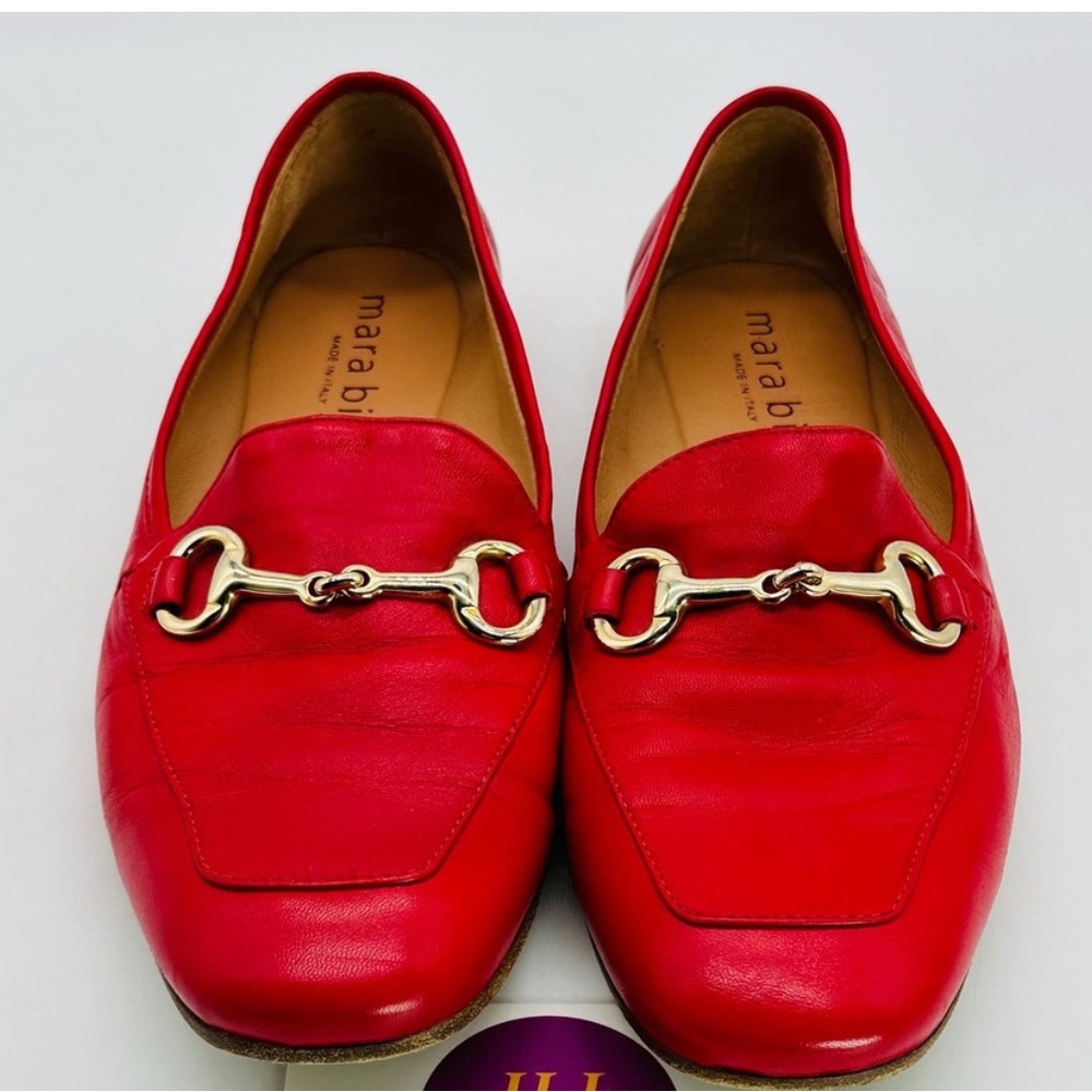 Mara Bini Women's Red Leather Horsebit Slip On Loafers Flats Vero Cuoio Size 37.